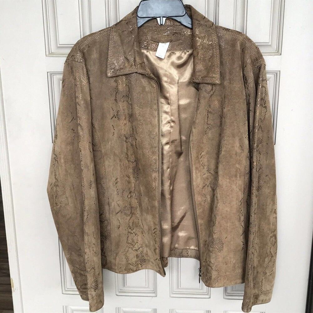 Chico's Design Jacket Sz2 Tan Suede Leather Collar Zip Front Long Sleeves